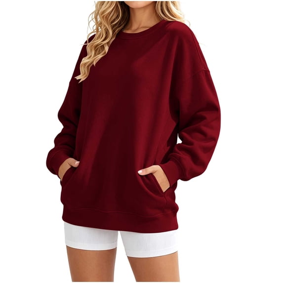 Fesfesfes Women's Casual Crew Neck Long Sleeve Sweatshirt Loose Fit Solid Color Pullover Top with Front Pockets Gathered Back Detail for Fall Winter Daily Wear
