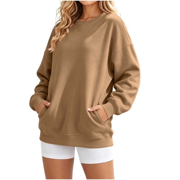 Fesfesfes Women's Casual Crew Neck Long Sleeve Sweatshirt Loose Fit Solid Color Pullover Top with Front Pockets Gathered Back Detail for Fall Winter Daily Wear
