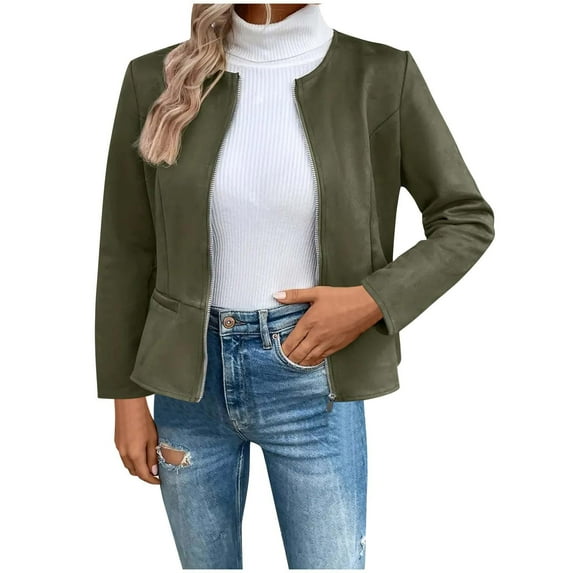 Fesfesfes Women's Casual Jacket Fall Solid Color Long Sleeve Crew Neck Zip-Up Blouses with Pockets Slim Fitting Outdoor Wearing Coat(Army Green,L)