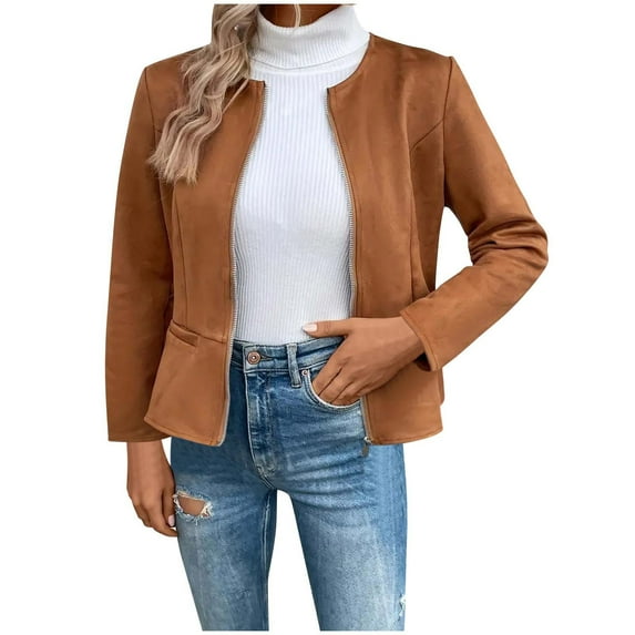 Fesfesfes Women's Casual Jacket Fall Solid Color Long Sleeve Crew Neck Zip-Up Blouses with Pockets Slim Fitting Outdoor Wearing Coat(Khaki,S)