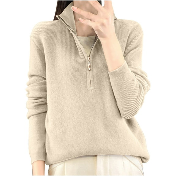 Fesfesfes Women's Casual Jacket Fall Solid Color Stand-Up Collar Knit Zip-Up Cardigan Double Zipper Sweater Fitting Work Commute Clothes(Beige#1,L)