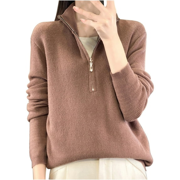 Fesfesfes Women's Casual Jacket Fall Solid Color Stand-Up Collar Knit Zip-Up Cardigan Double Zipper Sweater Fitting Work Commute Clothes(Brown#1,XL)