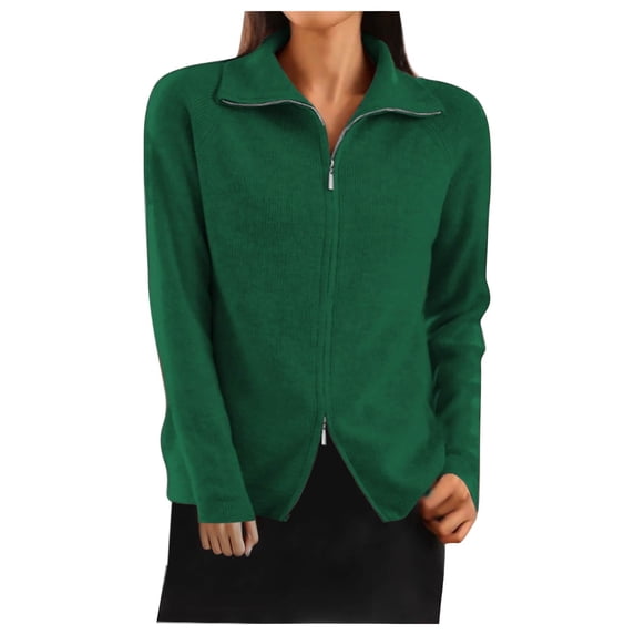Fesfesfes Women's Casual Jacket Fall Solid Color Stand-Up Collar Knit Zip-Up Cardigan Double Zipper Sweater Fitting Work Commute Clothes(Green,L)