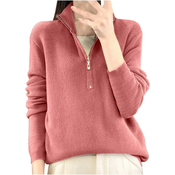 Fesfesfes Women's Casual Jacket Fall Solid Color Stand-Up Collar Knit Zip-Up Cardigan Double Zipper Sweater Fitting Work Commute Clothes(Pink#1,M)