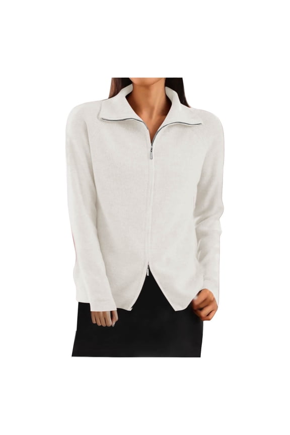 Women's Casual Jacket Fall Solid Color Stand-Up Collar Knit Zip-Up Cardigan Double Zipper Sweater Fitting Work Commute Clothes(White,L)