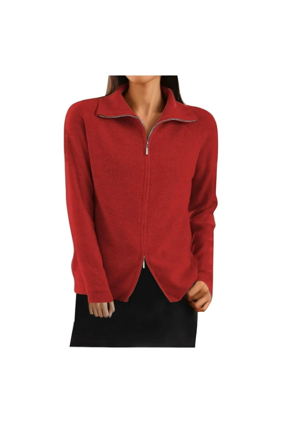 Women's Casual Jacket Fall Solid Color Stand-Up Collar Knit Zip-Up Cardigan Double Zipper Sweater Fitting Work Commute Clothes(Wine,S)