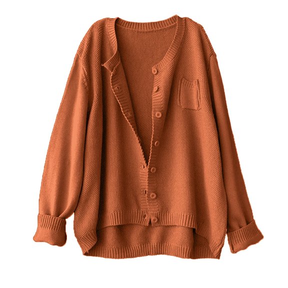 Fesfesfes Women's Casual Knit Cardigan Solid Color Long Sleeve Stand-Up Collar Sweater with Ribbed Cuffs Trendy Comfy Homewear Blouses(Brown#1,L)