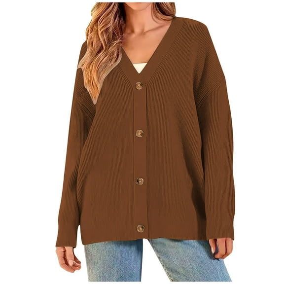 Fesfesfes Women's Casual Knit Cardigan Solid Color Long Sleeve Stand-Up Collar Sweater with Ribbed Cuffs Trendy Comfy Homewear Blouses(Coffee#3,L)