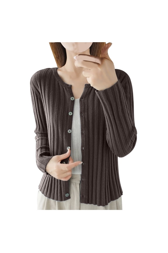 Women's Casual Knit Cardigan Solid Color Long Sleeve Stand-Up Collar Sweater with Ribbed Cuffs Trendy Comfy Homewear Blouses(Coffee#4,XL)