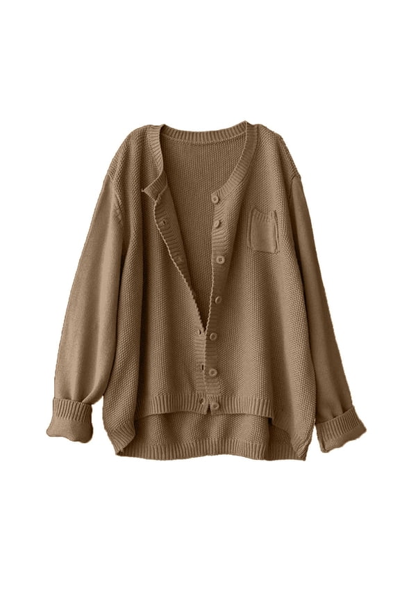 Women's Casual Knit Cardigan Solid Color Long Sleeve Stand-Up Collar Sweater with Ribbed Cuffs Trendy Comfy Homewear Blouses(Khaki#1,M)