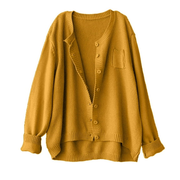Fesfesfes Women's Casual Knit Cardigan Solid Color Long Sleeve Stand-Up Collar Sweater with Ribbed Cuffs Trendy Comfy Homewear Blouses(Yellow#1,L)