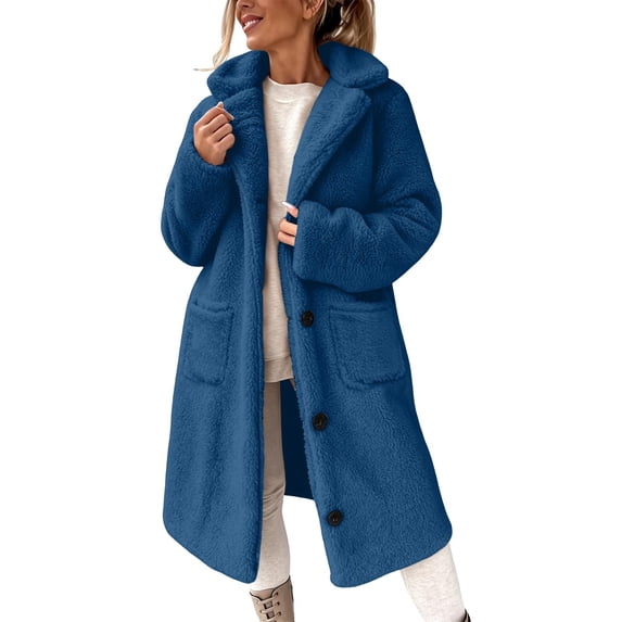 Fesfesfes Women's Casual Long Fleece Coat Lapel Collar Button Down Midi Length Plush Winter Warm Jacket Outwear with Pockets for Fall Winter Seasonal Daily Wear