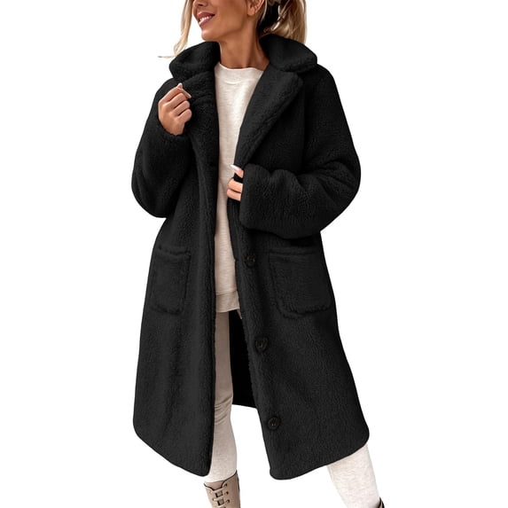 Fesfesfes Women's Casual Long Fleece Coat Lapel Collar Button Down Midi Length Plush Winter Warm Jacket Outwear with Pockets for Fall Winter Seasonal Daily Wear