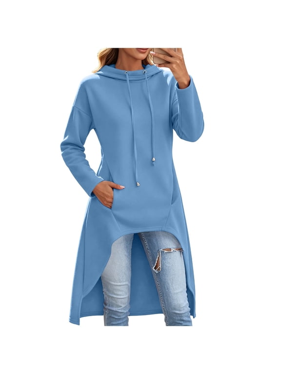 Women's Casual Longline Hoodie Drawstring Pullover Sweatshirt Button Front with Side Pockets Loose Fit Solid Color Tunic Top for Fall Winter Daily Wear