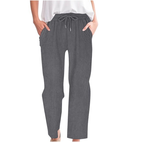 Fesfesfes Women's Casual Pants Corduroy Solid Color Elastic Waist Loose Leisure Sports Pants Comfy Trendy Straight Trousers with Pockets(Gray,2XL)