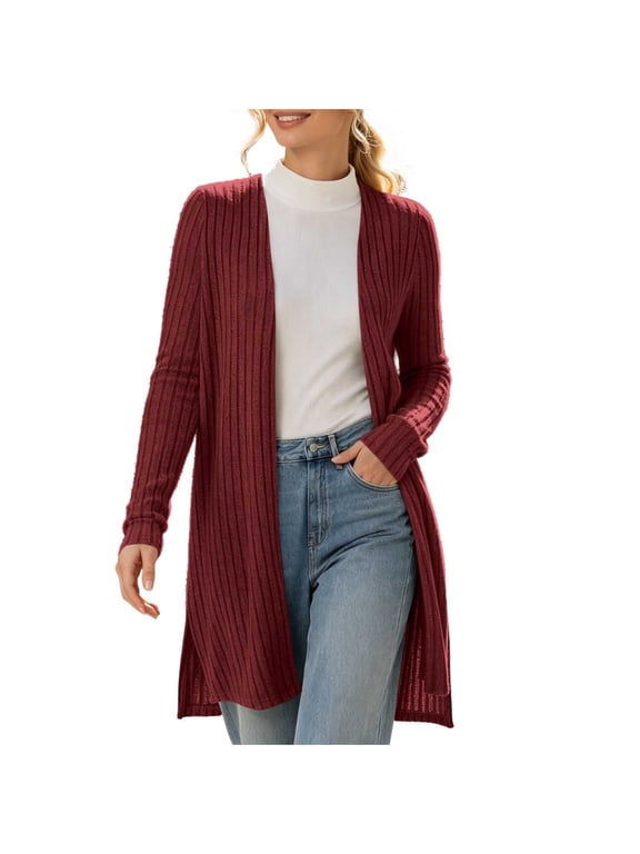 Women's Casual Ribbed Longline Open Front Cardigan Long Sleeve Side Slit Knit Duster Top Solid Color Soft Stretch Outerwear for Fall Winter Daily Wear