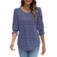 thumbnail image 1 of Fesfesfes Women's Striped Top Summer Casual Printed Crew Neck Loose Blouse Breathable Fabric Tops 3/4 Puff Sleeves with Smocked Cuffs (Navy,M), 1 of 4