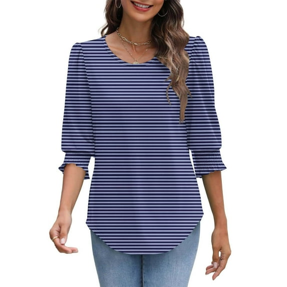 Fesfesfes Women's Striped Top Summer Casual Printed Crew Neck Loose Blouse Breathable Fabric Tops 3/4 Puff Sleeves with Smocked Cuffs (Navy,M)