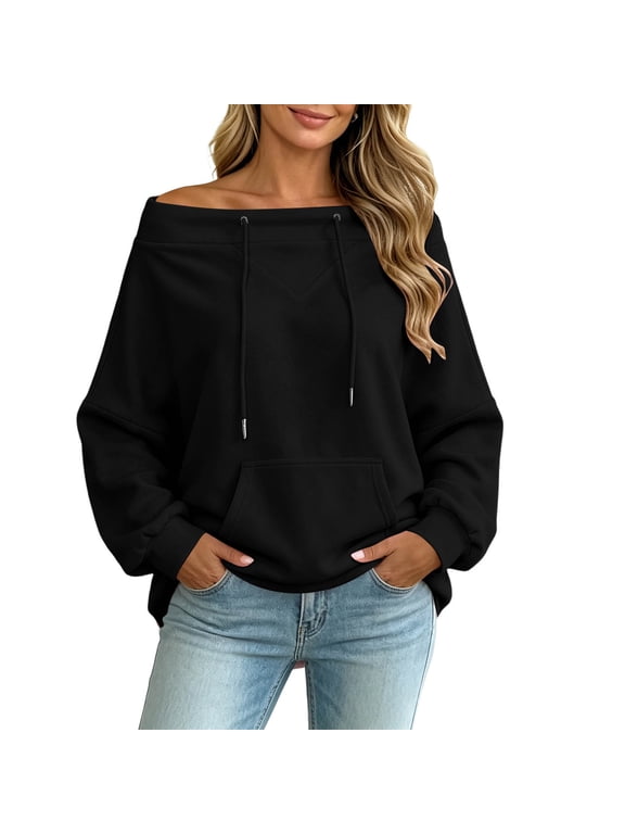 Women's Casual Off Shoulder Hoodie Long Sleeve Loose Fit Solid Color Pullover Top with Kangaroo Pocket Ribbed Cuffs for Fall Winter Daily Wear