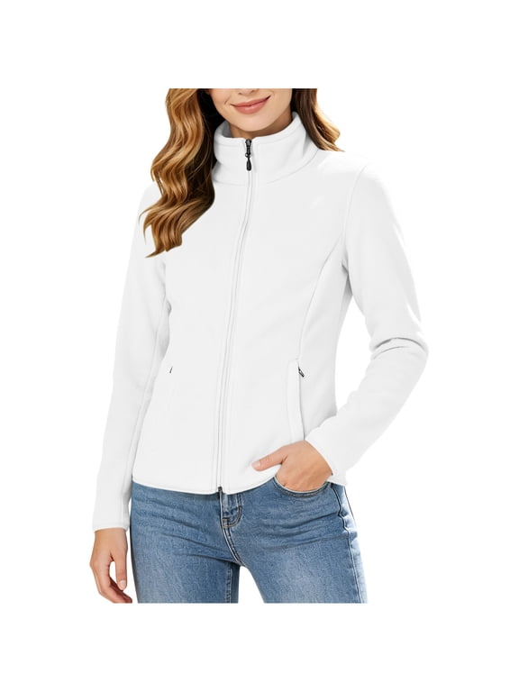 Women's Casual Stand Collar Full Zip Fleece Jacket Long Sleeve Lightweight Zip Up Top with Pockets for Fall Winter Outdoor Daily Wear