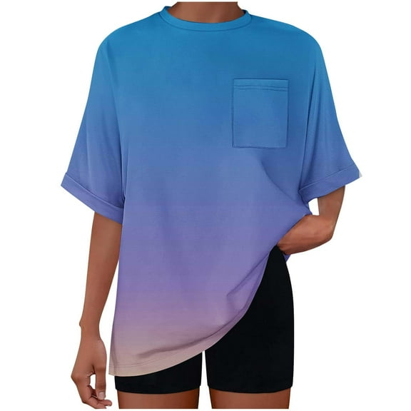 Fesfesfes Women's Casual T-shirt Outdoor Summer Short Roll-Up Sleeves Round Neck Tee Pocket Breathable Fabric Pullover Vacation Blouse(Navy,2XL)