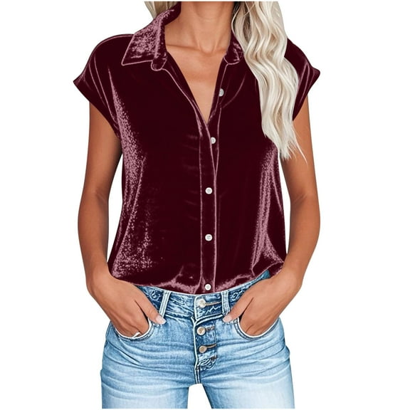 Fesfesfes Women's Casual T-shirt Velvet Buttons Down Collared V-Neck Short Sleeves Tops Summer Fashion Comfortable Indoor Blouses(Wine,M)