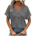 thumbnail image 1 of Fesfesfes Women's Casual T-shirt with Buttons Eyelet V-Neck Short Roll-Up Sleeves Tops Fashion Breathable Solid Color T-shirt Blouses (Gray,2XL), 1 of 5