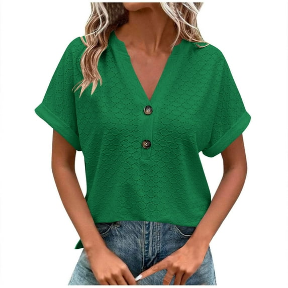 Fesfesfes Women's Casual T-shirt with Buttons Eyelet V-Neck Short Roll-Up Sleeves Tops Fashion Breathable Solid Color T-shirt Blouses (Green,3XL)