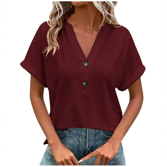 Fesfesfes Women's Casual T-shirt with Buttons Eyelet V-Neck Short Roll-Up Sleeves Tops Fashion Breathable Solid Color T-shirt Blouses (Wine,S)