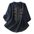 thumbnail image 1 of Fesfesfes Women's Casual Tee Delicate Hollow-Out Embroidered 3/4 Sleeved Stand up Collar Tops with Buttons Fall Trendy Outdoor Blouses(Navy#2,2XL), 1 of 7