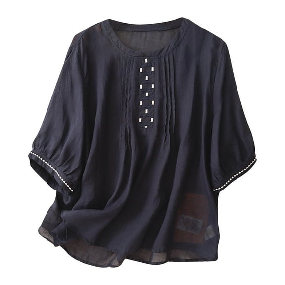 Fesfesfes Women's Casual Tee Delicate Hollow-Out Embroidered 3/4 Sleeved Stand up Collar Tops with Buttons Fall Trendy Outdoor Blouses(Navy,L)