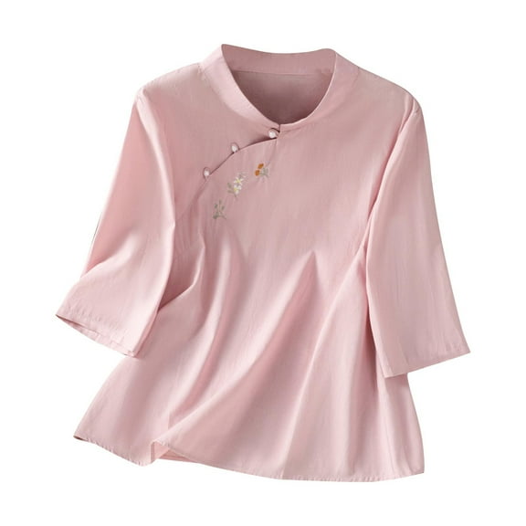 Fesfesfes Women's Casual Tee Delicate Hollow-Out Embroidered 3/4 Sleeved Stand up Collar Tops with Buttons Fall Trendy Outdoor Blouses(Pink,2XL)