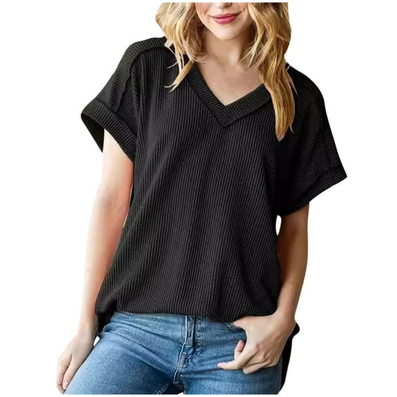 Fesfesfes Women's Casual Tops Summer Fashion New Short Cuffed Sleeve Knitted Plain Liberally T-Shirt Casual V-Neck Pullover Blouse(Black,S)