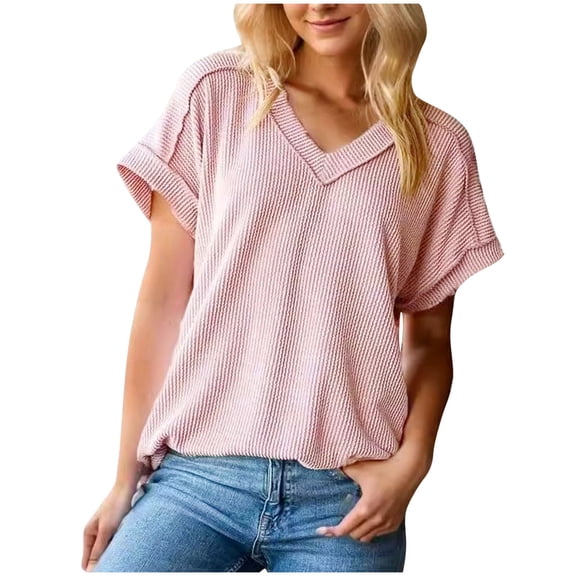 Fesfesfes Women's Casual Tops Summer Fashion New Short Cuffed Sleeve Knitted Plain Liberally T-Shirt Casual V-Neck Pullover Blouse(Pink,L)
