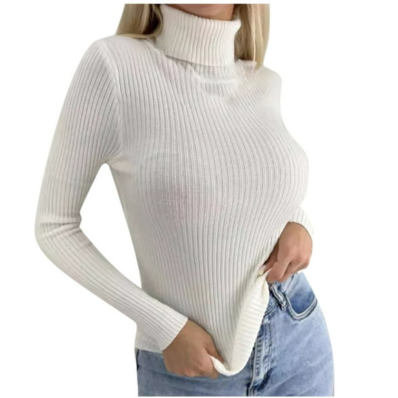 Fesfesfes Women's Casual Tops Fitting Solid Color Long Sleeve Stand-Up Collar with Ribbed Cuffs Knitted Sweater Comfortable Blouses(White#1,XL)