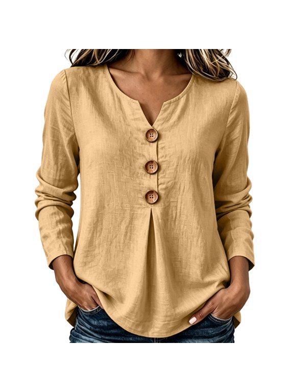 Women's Casual V Neck Button Down Long Sleeve Blouse Loose Fit Cotton Linen Tunic Top with Curved Hem for Fall Spring Daily Wear