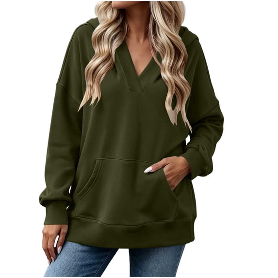 Fesfesfes Women's Casual V Neck Hoodless Sweatshirt Drop Shoulder Long Sleeve Loose Fit Solid Color Pullover Top with Kangaroo Pocket for Fall Winter Daily Wear