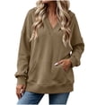 thumbnail image 1 of Fesfesfes Women's Casual V Neck Hoodless Sweatshirt Drop Shoulder Long Sleeve Loose Fit Solid Color Pullover Top with Kangaroo Pocket for Fall Winter Daily Wear, 1 of 9