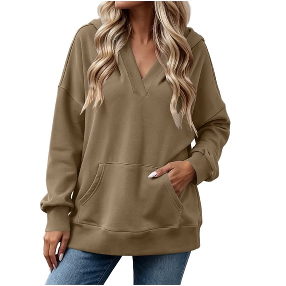 Fesfesfes Women's Casual V Neck Hoodless Sweatshirt Drop Shoulder Long Sleeve Loose Fit Solid Color Pullover Top with Kangaroo Pocket for Fall Winter Daily Wear