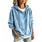 Fesfesfes Womens Casual Velour Hooded Pullover Sweatshirt Drawstring Long Sleeve Loose Fit Plus Size Hoodie Top with Kangaroo Pocket for Fall Winter Daily Wear