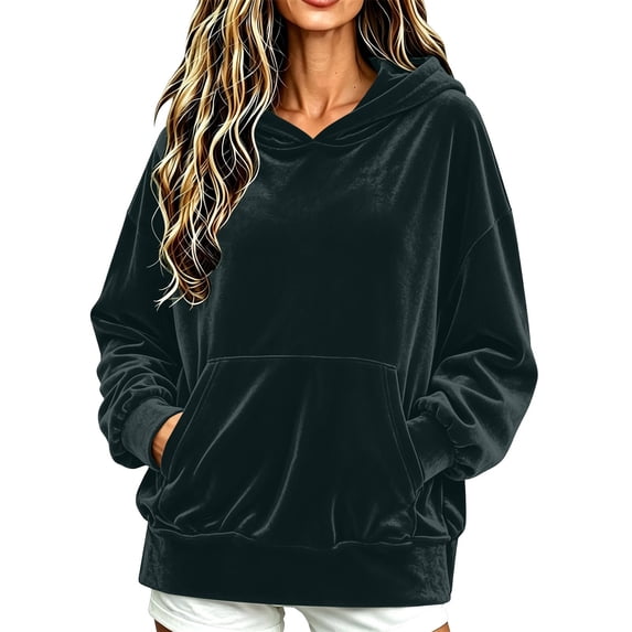 Fesfesfes Women's Casual Velour Hooded Pullover Sweatshirt Long Sleeve Drawstring Hoodie Top with Kangaroo Pocket Solid Color Loose Fit for Fall Winter Daily Wear
