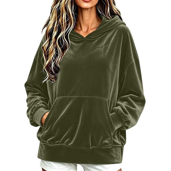 Fesfesfes Women's Casual Velour Hooded Pullover Sweatshirt Long Sleeve Drawstring Hoodie Top with Kangaroo Pocket Solid Color Loose Fit for Fall Winter Daily Wear