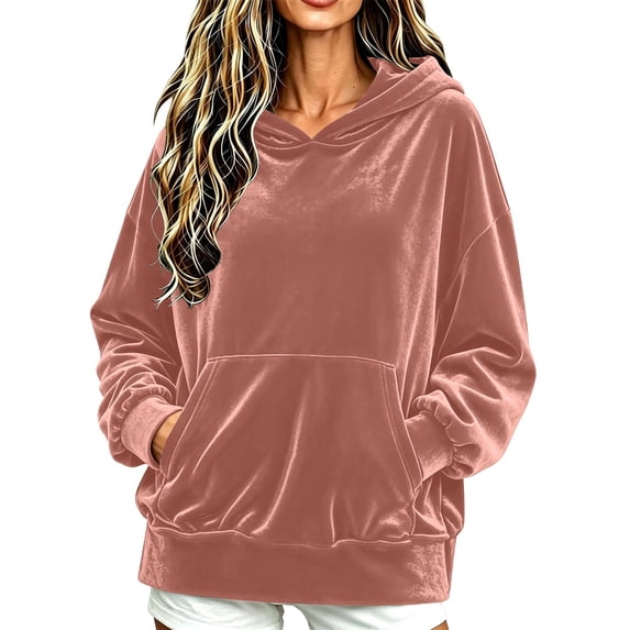 Fesfesfes Women's Casual Velour Hooded Pullover Sweatshirt Long Sleeve Drawstring Hoodie Top with Kangaroo Pocket Solid Color Loose Fit for Fall Winter Daily Wear