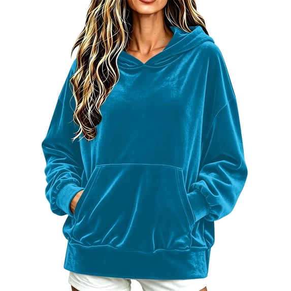 Fesfesfes Women's Casual Velour Hooded Pullover Sweatshirt Long Sleeve Drawstring Hoodie Top with Kangaroo Pocket Solid Color Loose Fit for Fall Winter Daily Wear