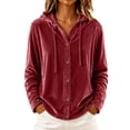 thumbnail image 1 of Fesfesfes Women's Casual Velour Hooded Sweatshirt Button Detail Long Sleeve Drawstring Hoodie with Pockets Loose Fit Solid Color for Fall Winter Daily Wear, 1 of 9