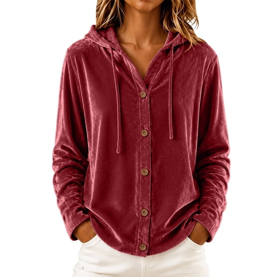 Fesfesfes Women's Casual Velour Hooded Sweatshirt Button Detail Long Sleeve Drawstring Hoodie with Pockets Loose Fit Solid Color for Fall Winter Daily Wear