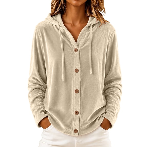 Fesfesfes Women's Casual Velour Hooded Sweatshirt Button Detail Long Sleeve Drawstring Hoodie with Pockets Loose Fit Solid Color for Fall Winter Daily Wear
