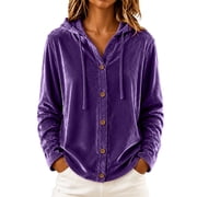 Fesfesfes Women's Casual Velour Hooded Sweatshirt Button Detail Long Sleeve Drawstring Hoodie with Pockets Loose Fit Solid Color for Fall Winter Daily Wear