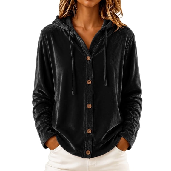 Fesfesfes Women's Casual Velour Hooded Sweatshirt Button Detail Long Sleeve Drawstring Hoodie with Pockets Loose Fit Solid Color for Fall Winter Daily Wear