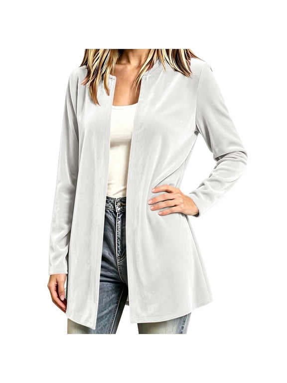 Women's Casual Velour Open Front Long Cardigan Duster Coat Long Sleeve Solid Color Elegant Top Outwear for Fall Winter Christmas Holiday Daily Wear